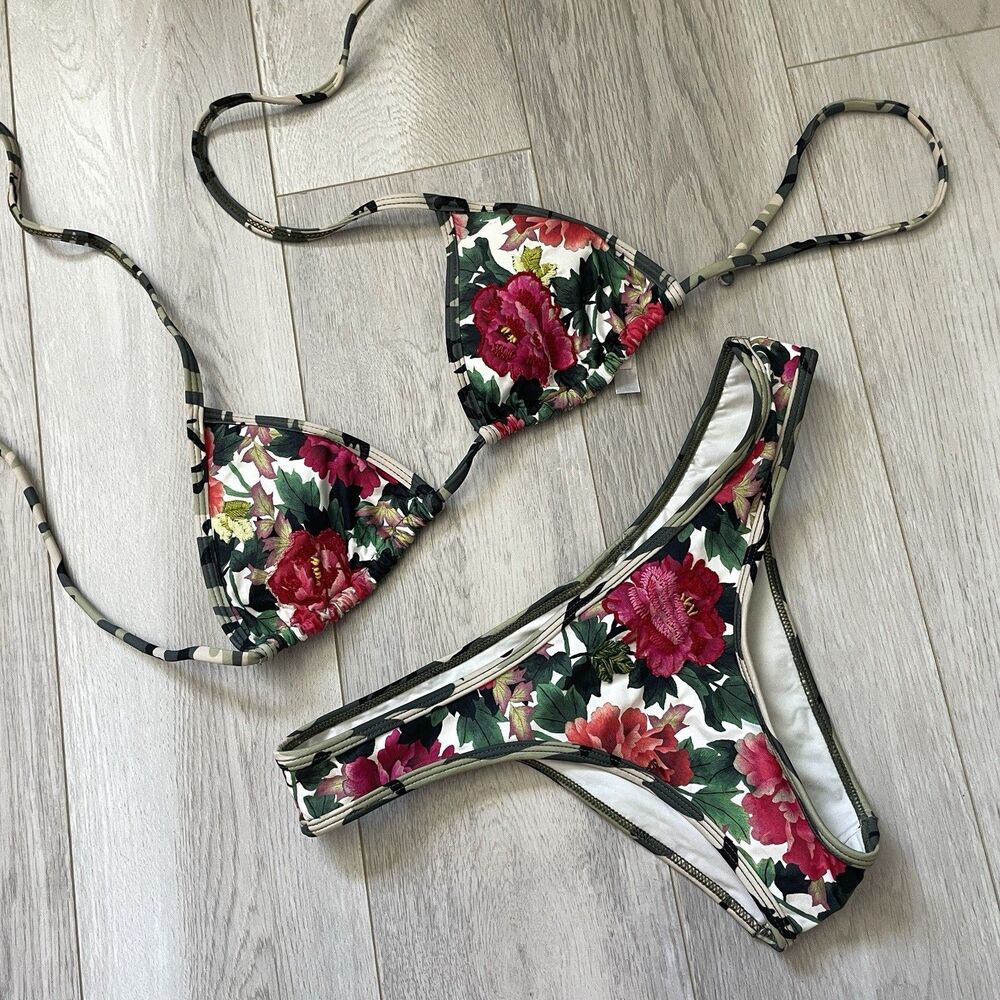 PQ Swim Bikini floral embroidered triangle cheeky womens Green Red (small) beach